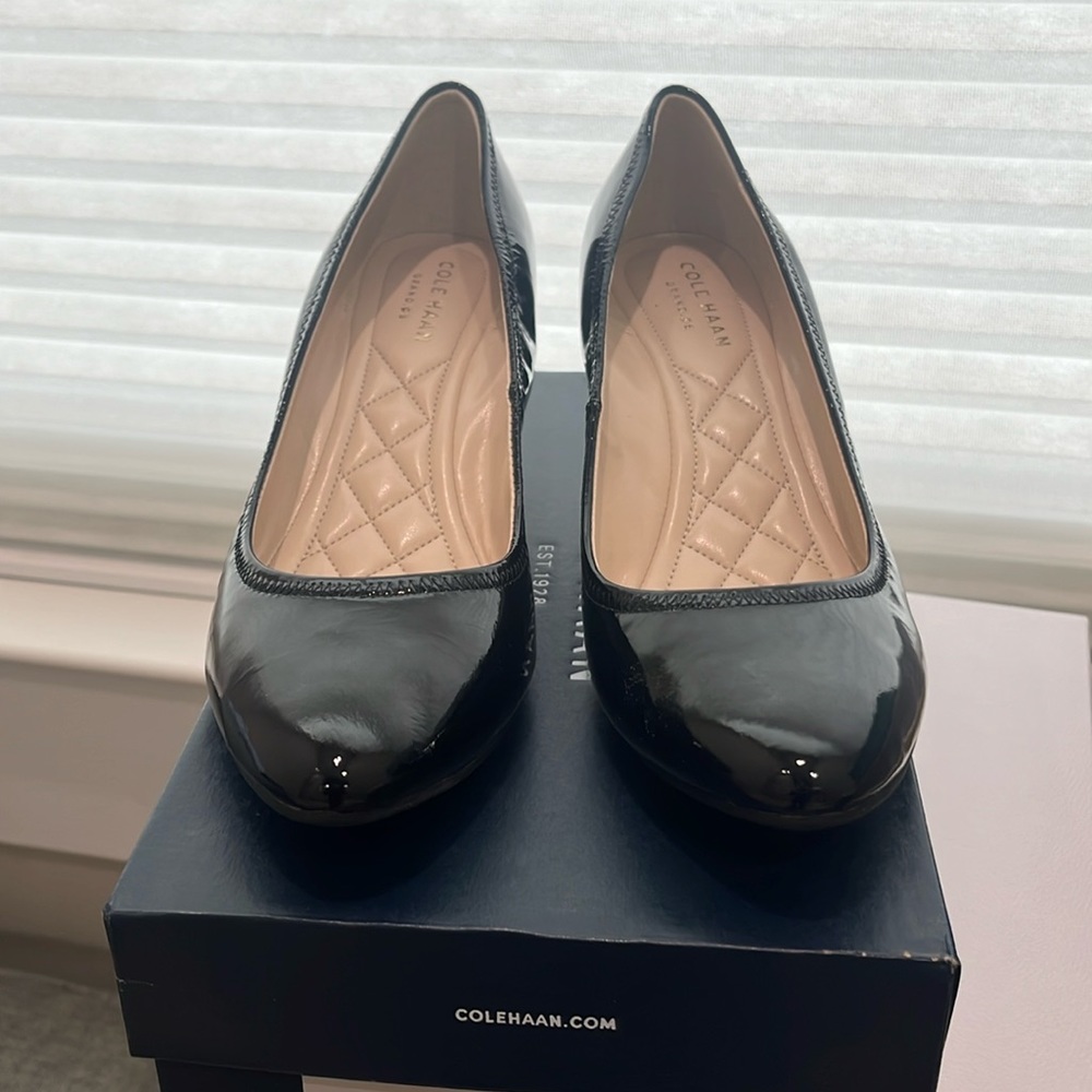 Cole Haan, brand new, not worn, black pat wedge heel